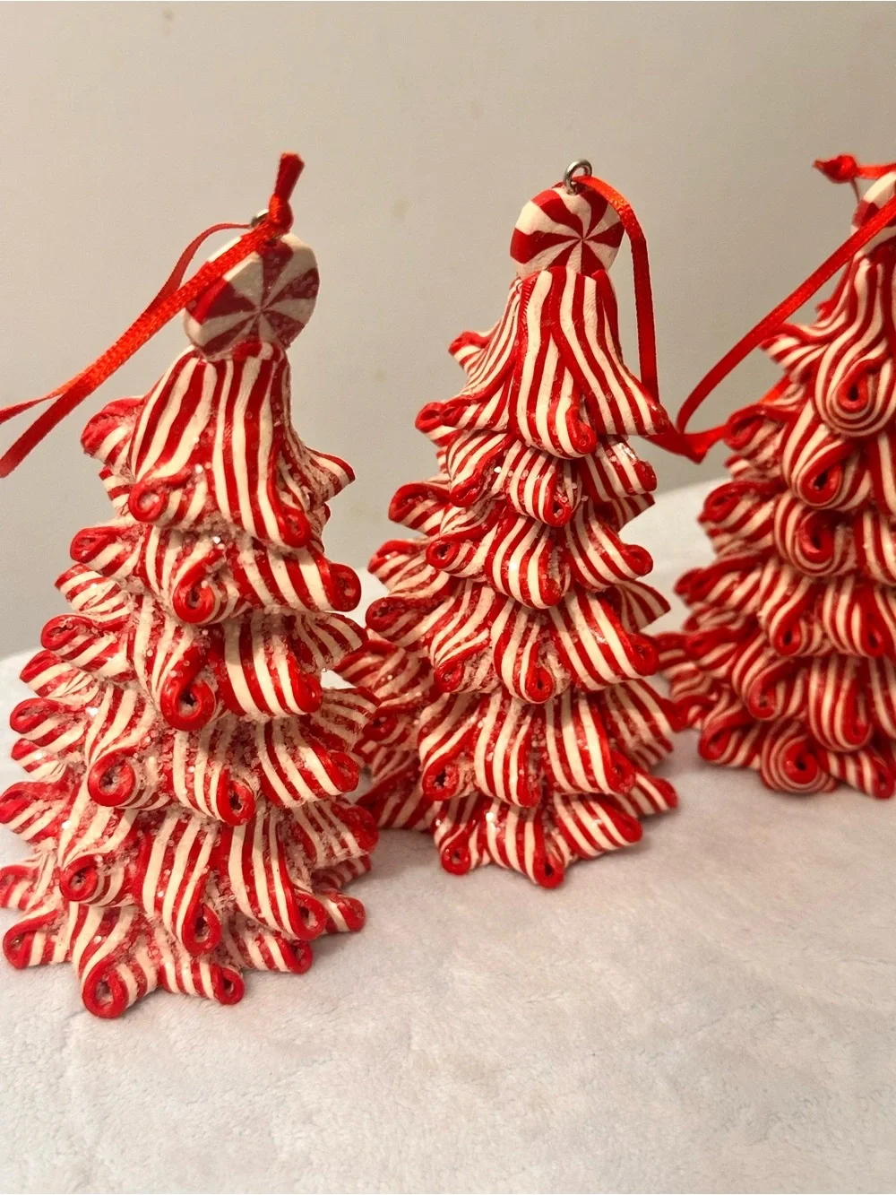 Striped Peppermint Candy Cane Christmas Tree Ornaments Glitter - Set of 3